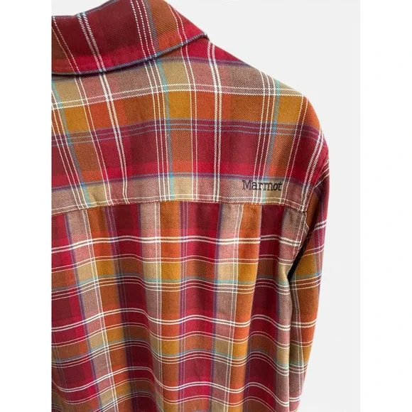 Marmot Mens Plaid Long Sleeve Button Up Shirt Red Orange Blue Size M/M - Picture 2 of 10